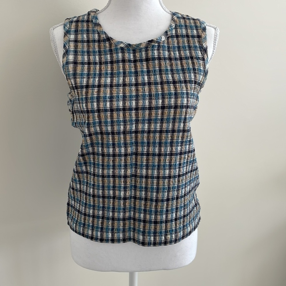 Lemon Grass Vintage Stretchy Navy, Blue & Tan Sleeveless Top. Y2K